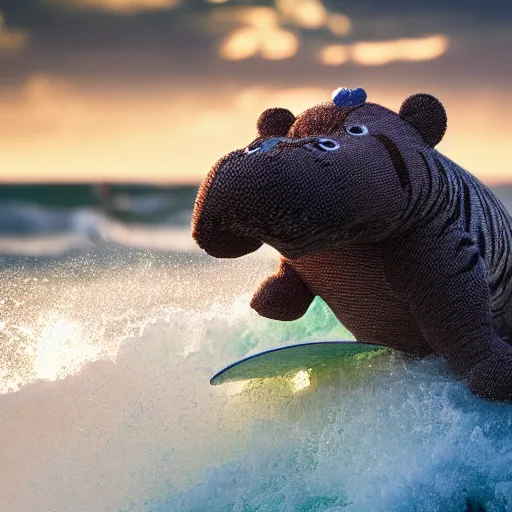 Image similar to a closeup photorealistic photograph of a knitted tiger hippopotamus plush toy riding an epic wave during sunset. surf in the background. professional capture. brightly lit scene. this 4 k hd image is trending on artstation, featured on behance, well - rendered, extra crisp, features intricate detail, epic composition and the style of unreal engine.