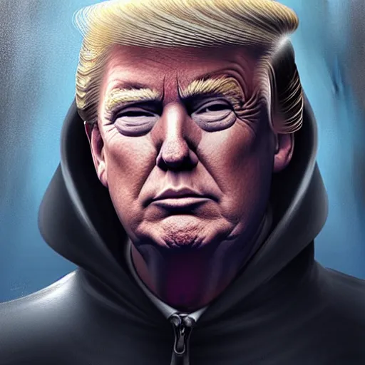 Image similar to donald trump wearing hood, ( eos 5 ds r, iso 1 0 0, f / 8, 1 / 1 2 5, 8 4 mm, postprocessed, crisp face, facial features ), art by greg rutkowski