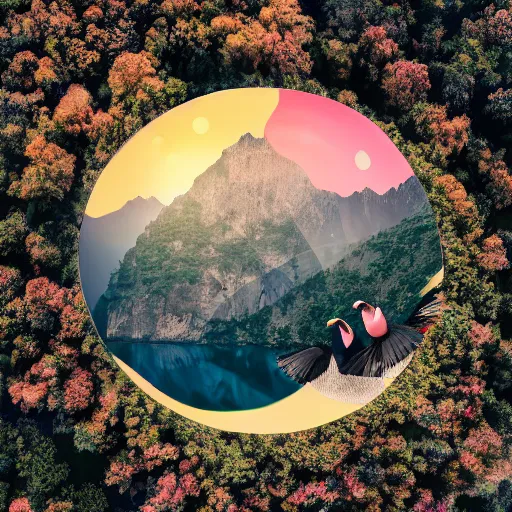 Image similar to photo of two black swans swimming in a beautiful reflective mountain lake, touching heads, forming a heart with their necks, a colorful hot air balloon is flying above the swans, hot air balloon, intricate, portrait, 8k highly professionally detailed, HDR, CGsociety, octane render, 4k