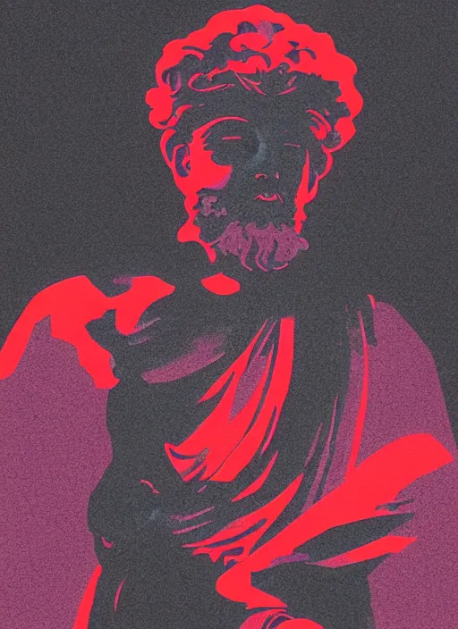 Image similar to design poster showing a statue of marcus aurelius, black background with very subtle red and purple design elements, gradients, powerful, nekro, guido crepax, graphic design, collage art, thin lines, dark, glitch art, neo vaporwave, gritty, layout frame, square, trending on artstation