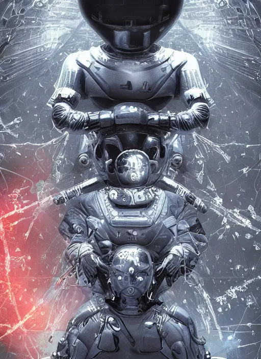 Image similar to symmetrical astronauts in dark and empty void underwater - complex and hyperdetailed technical suit. reflection and dispersion materials. rays and dispersion of light. volumetric light. 5 0 mm, f / 3 2. noise film photo. flash photography. ultra realistic, wide angle. poster by wayne barlowe, hajime sorayama aaron horkey, craig mullins