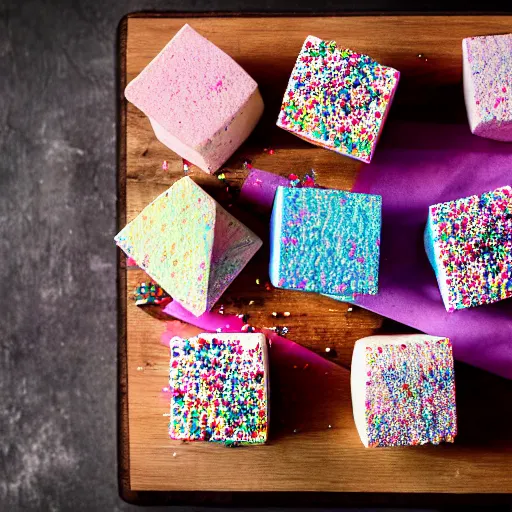 Image similar to photograph of a delicious marshmallow cube with sprinkles on a dark wooden chopping board, pastel colours, professional food photography, photorealistic, depth of field, 4 k, canon 1 d, bohek