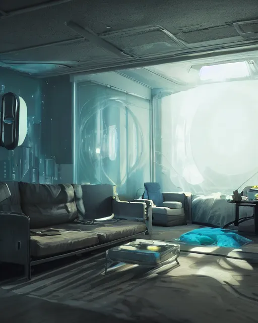 Image similar to artstation scifi scene of a safe room as ikea ad, lounge furniture, sky mural on the room ceiling, holographic art walls, windows, large terrarium, paneled walls, unreal engine 5, hyper realism, realistic shading, cinematic composition, blender render, octane render, hdr, detailed textures, photorealistic, wide shot