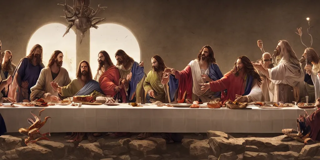 Image similar to professional physically based octane render of Jesus fighting Venom at the Last Supper, character concept art, epic composition, style of Marvel, 8k comic art, intricately detailed