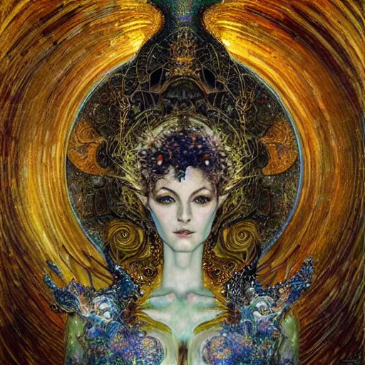 Image similar to Divine Chaos Engine by Karol Bak, Jean Deville, Gustav Klimt, and Vincent Van Gogh, beautiful visionary mystical portrait, sacred, otherworldly, fractal structures, ornate gilded medieval icon, third eye, spirals