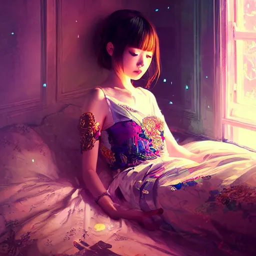 Image similar to beautiful young girl in intricate clothing by ross tran, sleeping in a messy bedroom at night, painted by sana takeda, reflections, very high intricate details, painting by liu xiaodong, digital anime art, medium shot, mid - shot, composition by ilya kuvshinov, backlit, lighting by greg rutkowski