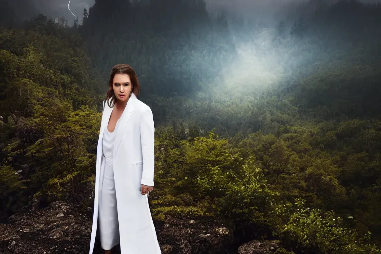 Image similar to a cinematic headshot portrait of a beautiful middle aged woman wearing futuristic white suit on the top of a mountain, overlooking a vast serene forest, large diffused light, neon light, 4 k, ultra realistic, dramatic lighting, rain, clouds, fog, vogue, fashion, glamour, magazine spread, by marco mazzoni and jessica rossier