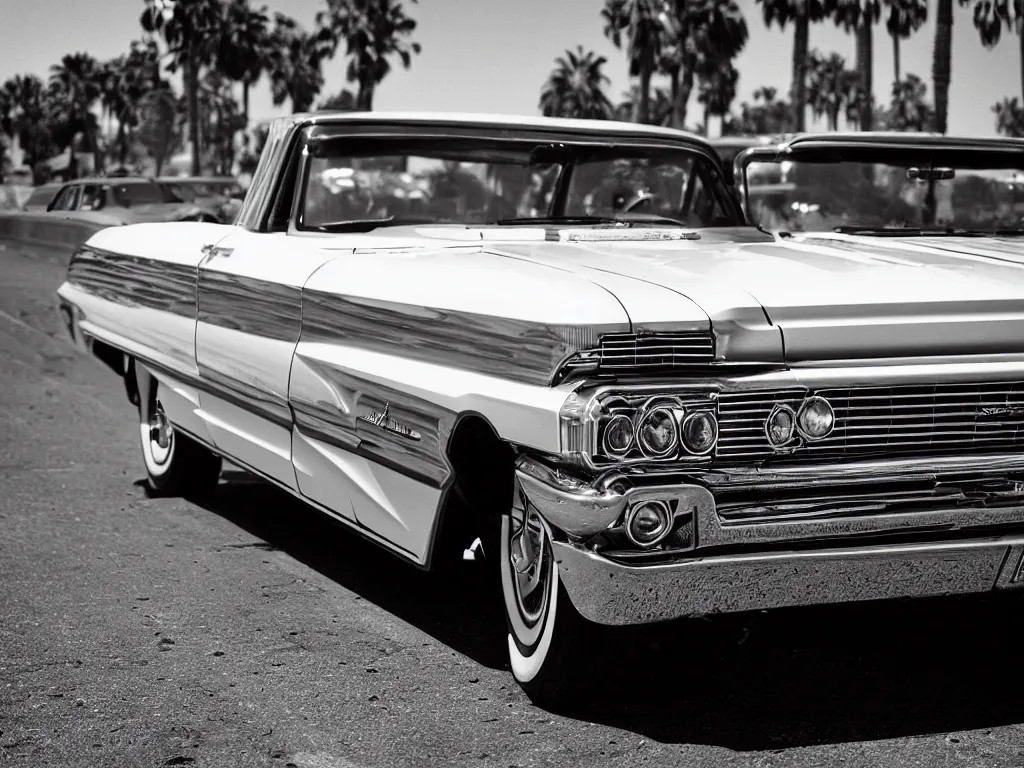 Image similar to “A black and white 28mm photo of a 1964 Chevy Impala lowrider in Los Angeles”