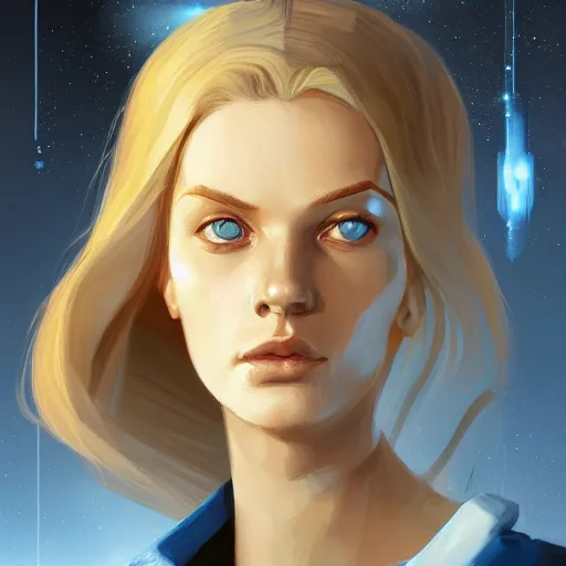 Prompt: sci-fi portrait painting of a young female blonde scientist with light skin and blue eyes, dark flat color background, grek rutkowski, artstation