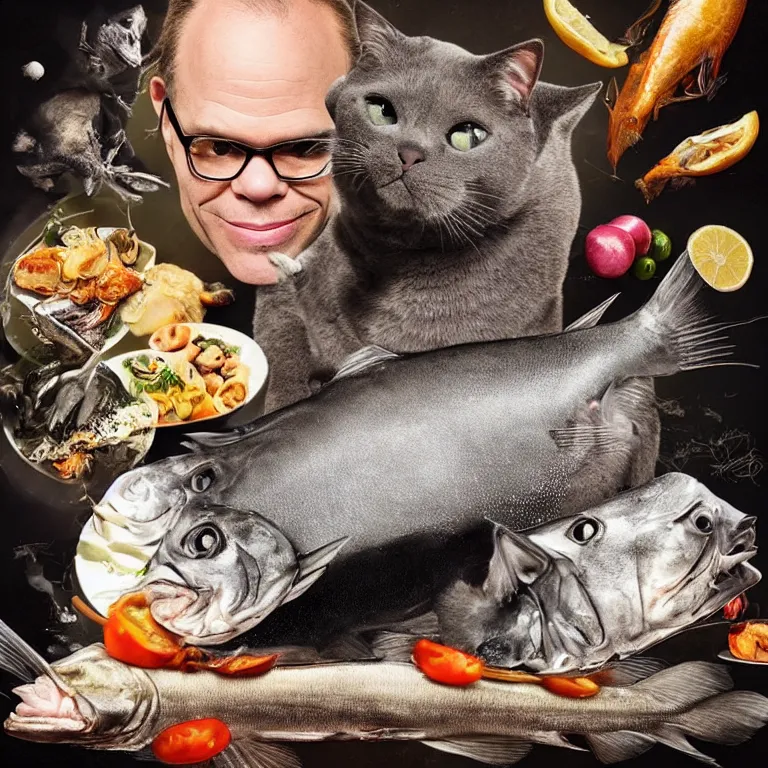 Image similar to “chef Alton Brown and a grey cat cooking a whole fish on iron chef, digital art, hyperdetailed, 8k”