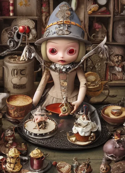 Image similar to closeup of a tin toy medieval witch eating cakes, depth of field, zeiss lens, detailed, symmetrical, centered, fashion photoshoot, by nicoletta ceccoli, mark ryden, lostfish, earl nore, hyung tae, frank frazetta, breathtaking, 8 k resolution, extremely detailed, beautiful, establishing shot, artistic, hyperrealistic, octane render