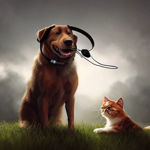 Image similar to a dog and cat wearing headphones smiling, 8 k resolution, digital art, serene, marco lens, by greg rutkowski, wlop, artgerm, artstation