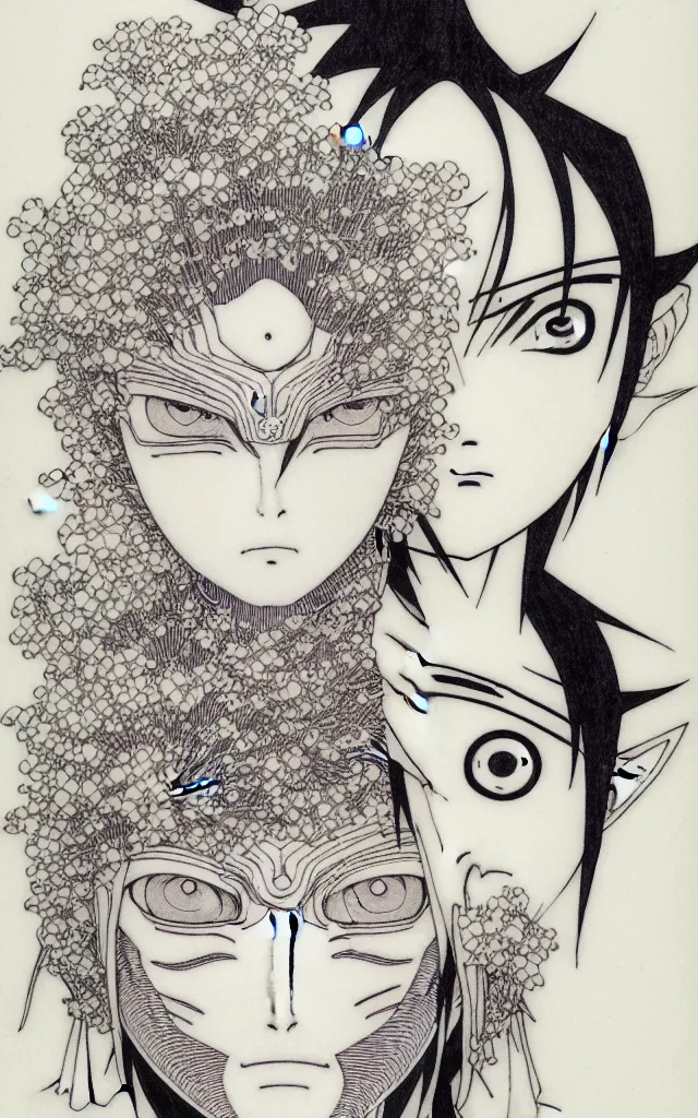 Image similar to prompt: Fragile looking face drawn by Takato Yamamoto, ceramic looking face, cyber parts, inspired by Naruto and Bandai Namco, clean ink detailed line drawing, intricate detail drawing, manga 1990