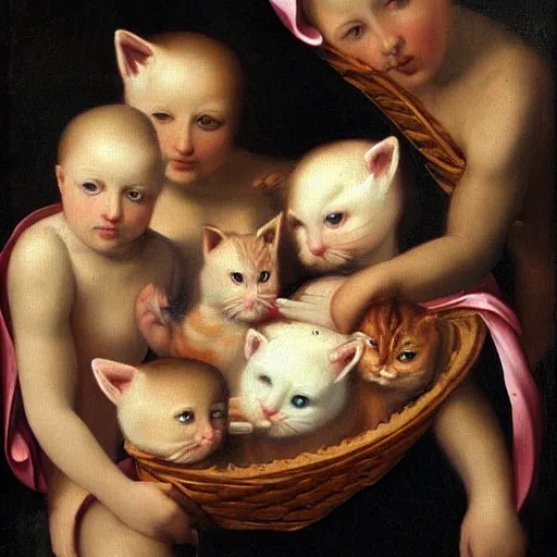 Image similar to Renaissance painting of a basket of kittens