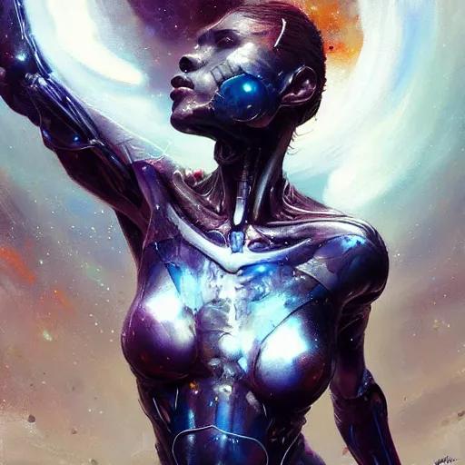 Prompt: galaxy surfing stunning cyborg, expressive oil painting, by yoshitaka amano, by greg rutkowski, by jeremy lipking, by artgerm,, h e giger, digital art, octane render