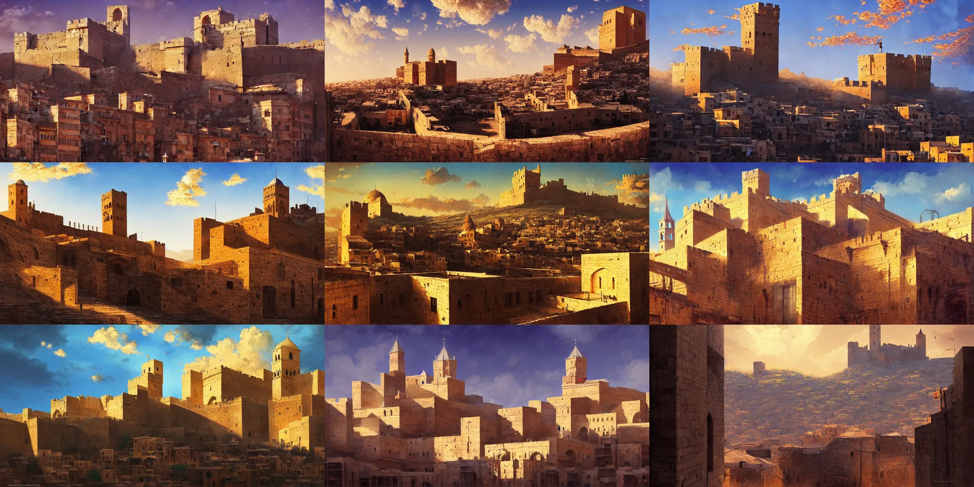 Prompt: mardin old town castle, digital oil painting, high contrast, colorful, clear sky, volumetric lighting, atmospheric, greg rutkowski, kazuo oga