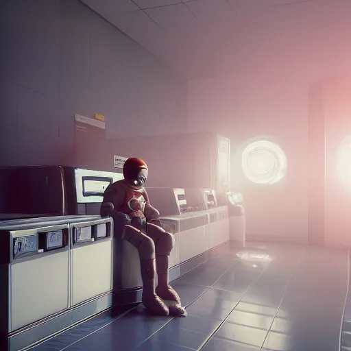 Image similar to a beautiful photo of an astronaut waiting in a laundromat, soft light, morning light, photorealistic, realistic, octane, 8k, cinematic shot