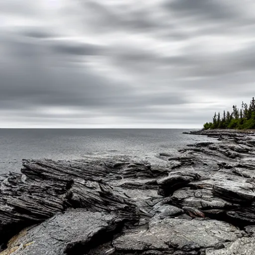 Image similar to rocky shore of the Bruce Peninsula on an overcast day, rain droplets falling in the water, 8k photo