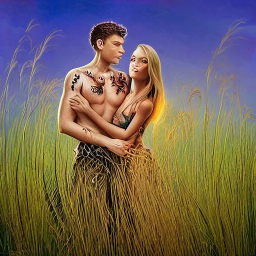 Prompt: A beautiful body art of a man and a woman in a field of tall grass with the sun setting behind them cutaway by Heather Theurer, by Lori Earley mild