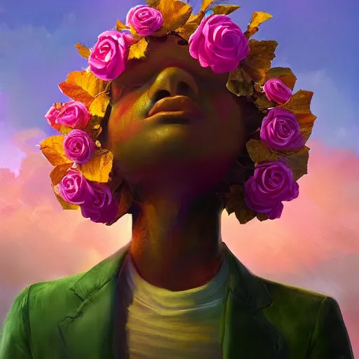 Image similar to closeup, giant rose flower head, frontal, a girl in a suit, surreal photography, sunrise, dramatic light, impressionist painting, digital painting, artstation, simon stalenhag