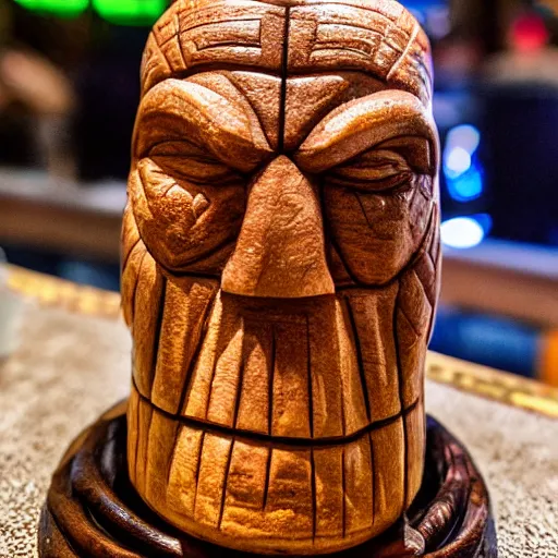 Image similar to a closeup photorealistic photograph of ben grimm's face on a tiki mug at trader vic's beach bar. fantastic four. tiki culture. bright scene. fine detail. this 4 k hd image is trending on artstation, featured on behance, well - rendered, extra crisp, features intricate detail, epic composition and the style of unreal engine.