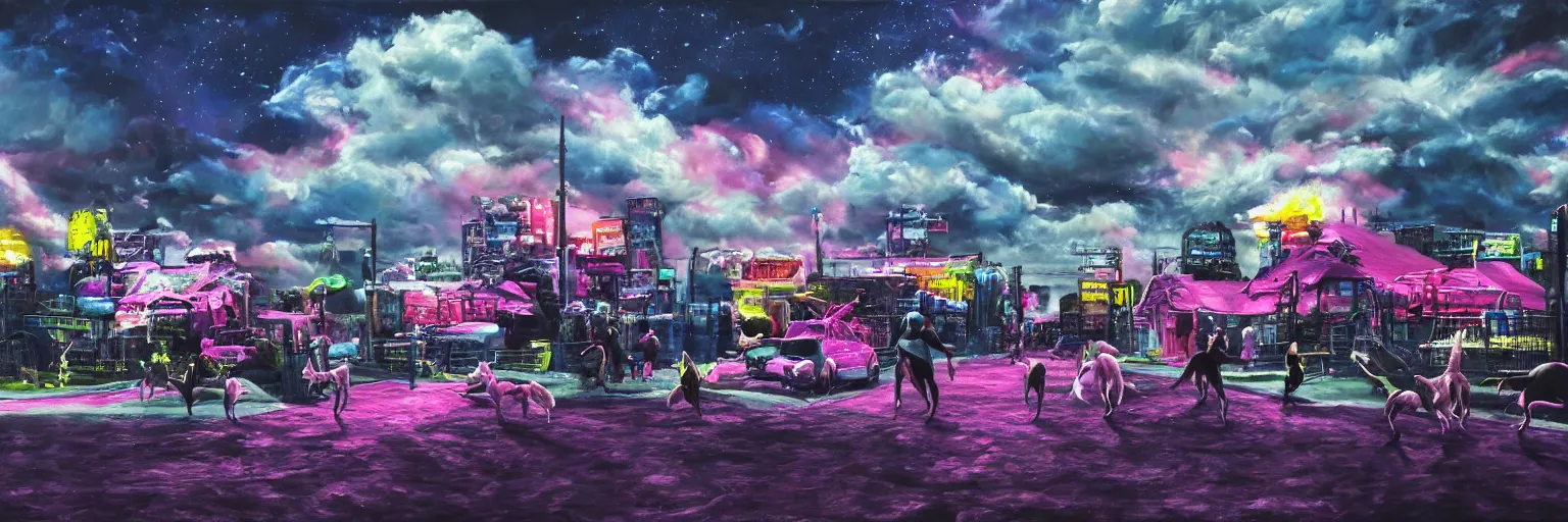 Image similar to oil painting, dog run, pink, ultra detailed, the middle view dog, run, spase dogs and punks running with neon mohawks, space, dark, stars, pirate neon ship with punks on board, neon, rich deep colors masterpiece, contrast, clouds, sky, volumetric light, atmospheric lighting, dramatic, moody, octane render