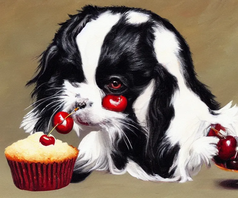 Image similar to white and black japanese chin dog eating cherry muffins, oil painting