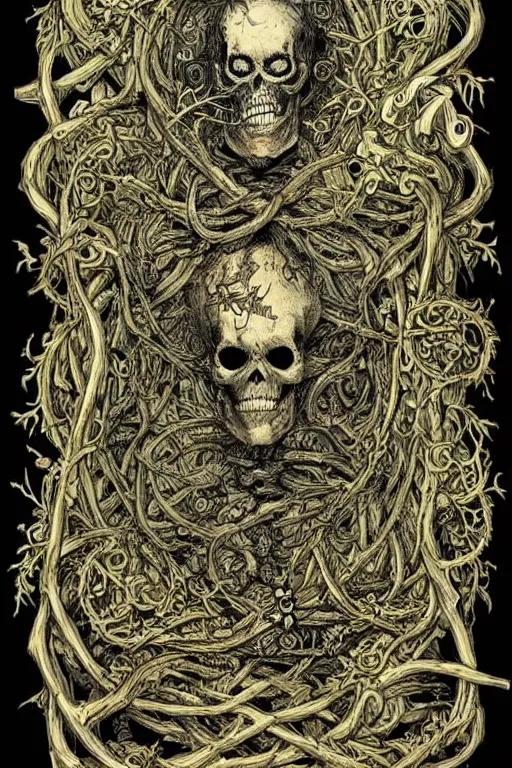 Prompt: portrait of dead king skeleton wrapped in vines, black paper, baroque, rococo, tarot card with ornate border frame, marc Simonetti, paul pope, peter mohrbacher, detailed, intricate ink illustration