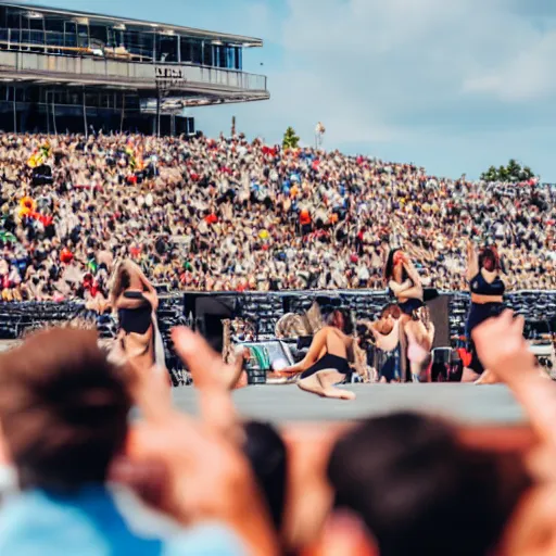 Prompt: photo of a group of people, focus on people dancing, jones beach amphitheater, focused and realistic picture