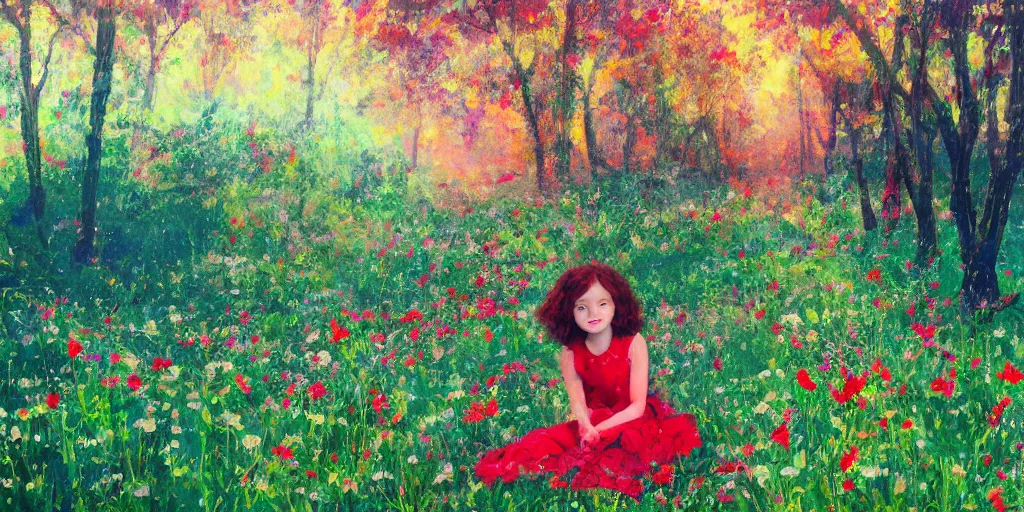 Prompt: a cute young girl with short curly red hair sitting in a field of flowers, god rays are passing through the trees in the background, abstract painting, low saturation, calm feeling