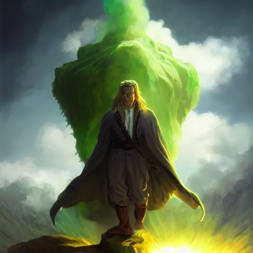 Image similar to A white mafia man with a giant green all-powerful aura surrounding his entire body by andreas rocha and john howe, and Martin Johnson Heade, featured on artstation, featured on behance, golden ratio, ultrawide angle, f32, well composed, cohesive.69:1