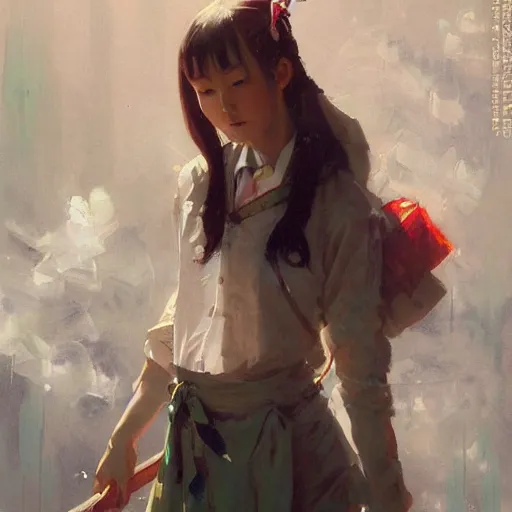 Image similar to a painting of Japanese schoolgirl by Greg Rutkowski, Peter Mohrbacher, Craig Mullins, Karol Bak, Michael Garmash.