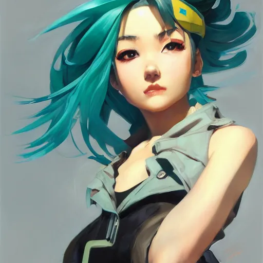 Image similar to greg manchess portrait painting of asada shino sinon as overwatch character, turquoise hair, medium shot, asymmetrical, profile picture, organic painting, sunny day, matte painting, bold shapes, hard edges, street art, trending on artstation, by huang guangjian and gil elvgren and sachin teng