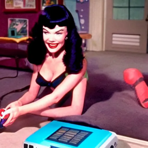 Image similar to a still of Bettie Page playing with a NES controller, in the movie Back to the Future, highly detailed and intricate, cinematic lighting, 4k HDR