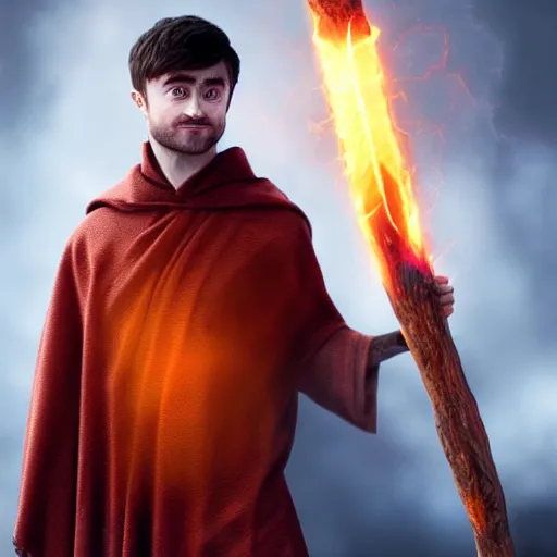 Prompt: Daniel Radcliffe wearing a monks tunic holding a glowing fire magical staff. Trending on Artstation, octane render, ultra detailed, art by Ross tran