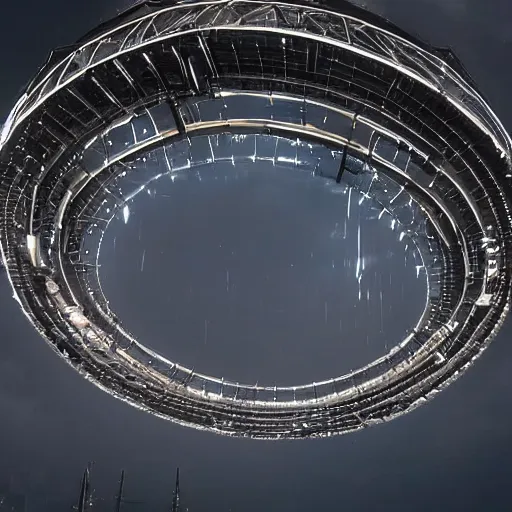 Image similar to A giant mechanical ring hovers horizontally above a city. The sky is dark and cloudy.