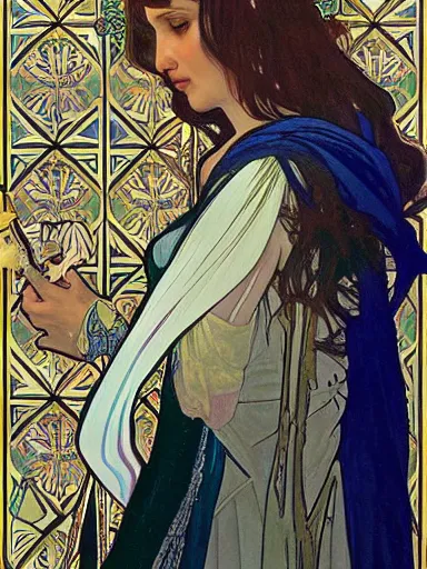 Image similar to a beautiful painting of natalie portman by Alphonse Mucha and by joe quesada, Art Nouveau, Neo-Gothic, gothic, award winning painting, hyperdetailed, detailed