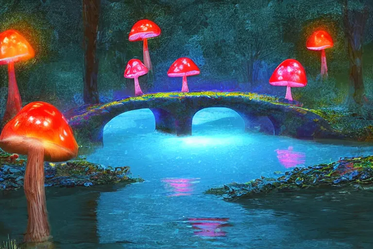 Image similar to giant glowing mushrooms next to a small bridge, flowing water, digital art, blue lighting, acrylic,