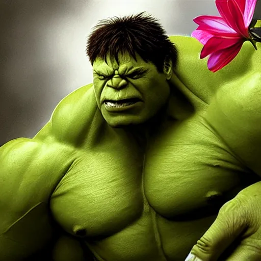 Prompt: hyper realistic image of hulk with love and flowers