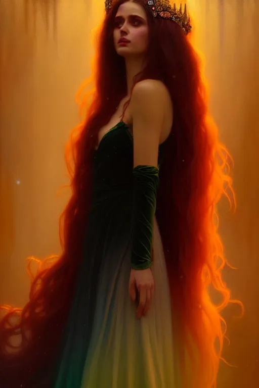 Image similar to ombre velvet gown, beautiful elegant dryad, portrait, dramatic light on face, long hair, tiara, dozens of jeweled necklaces, by greg rutkowski, brom, anato finnstark, alphonse mucha, oil painting, highly detailed, cinematic lighting, unreal,