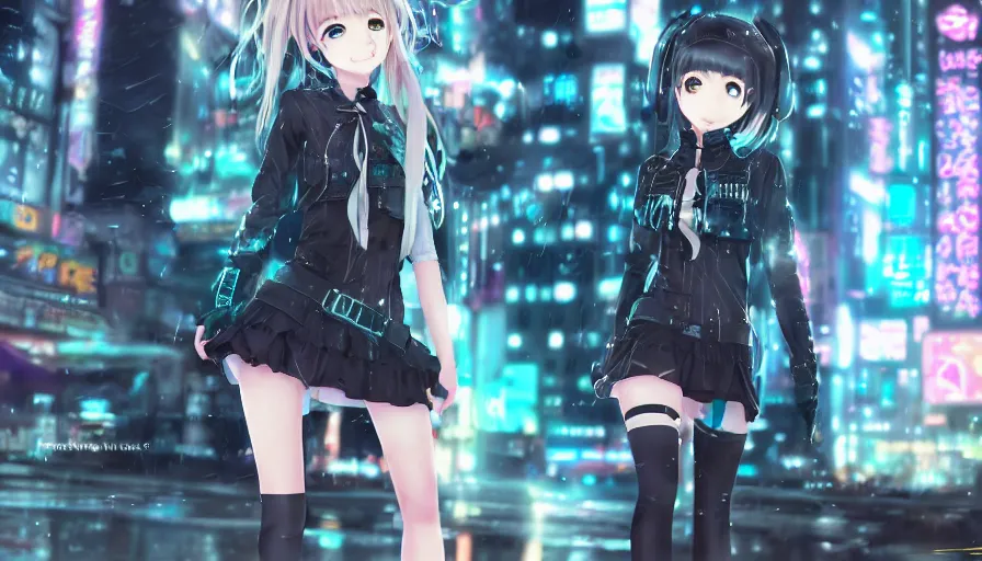 Prompt: cute anime girl in a cyberpunk city by wlop, heterochromia, closeup, short minidress, light clothing, light rain, hyper real, detailed digital art, hatsune miku