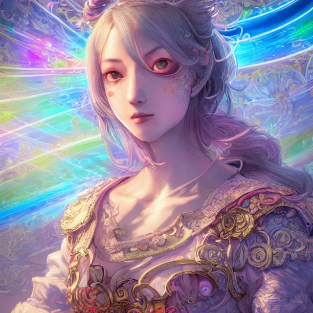 Prompt: studio portrait of neutral good rainbow colorful female cleric bard healer as absurdly beautiful, elegant, young skinny european gravure idol, an ultrafine hyperdetailed illustration by kim jung gi, intricate linework, rainbow beams of light, sharp focus, bright colors, octopath traveler, final fantasy, unreal engine 5 highly rendered, global illumination, radiant light, detailed and intricate environment