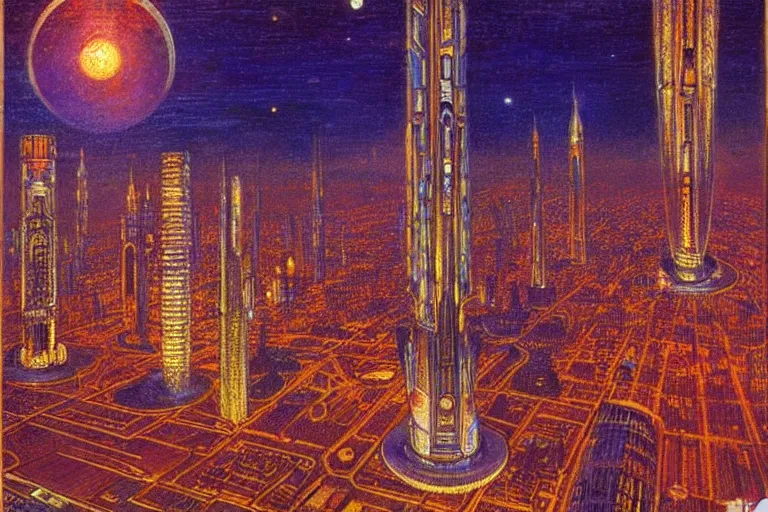 Prompt: a scifi illustration, Night City on Coruscant by william holman hunt