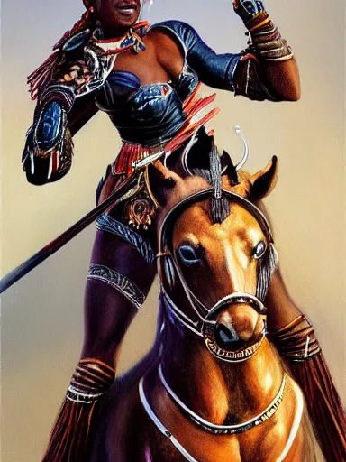Image similar to painting of a black female zulu warrior riding a horse, highly detailed painting, realistic, symmetrical, illustration, artstation, in the style of frank frazetta, ayami kojima