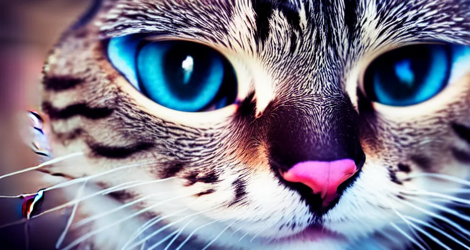 Image similar to up close fisheye lens photo of a cats face, macro photography, complementing colors, film