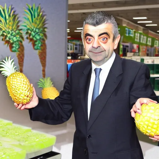 Image similar to rowan atkinson stealing a pineapple from target, realistic photo, uhd