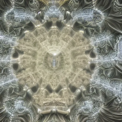 Image similar to a hyperrealistic 3 d render of a huge sprawling fractal cathedral interior populated by mandelbrot fractals by android jones, unreal engine, carved soap, white color scheme, volumetric lighting, octane render, dramatic lighting, glowing, carved marble, opalescent, carved wood, sacred geometry, religious, angelic, catholicpunk, stark, 8 k, ultra detailed