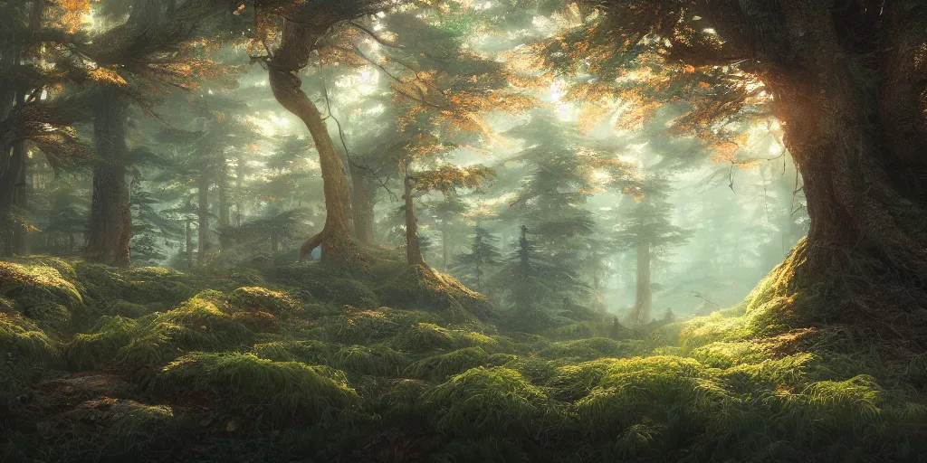 Image similar to a forest, highly detailed oil painting, hyperrealism, ideal lighting, Studio Ghibli, Jessica Rossier, digital art, octane render, beautiful composition, trending on artstation, masterpiece