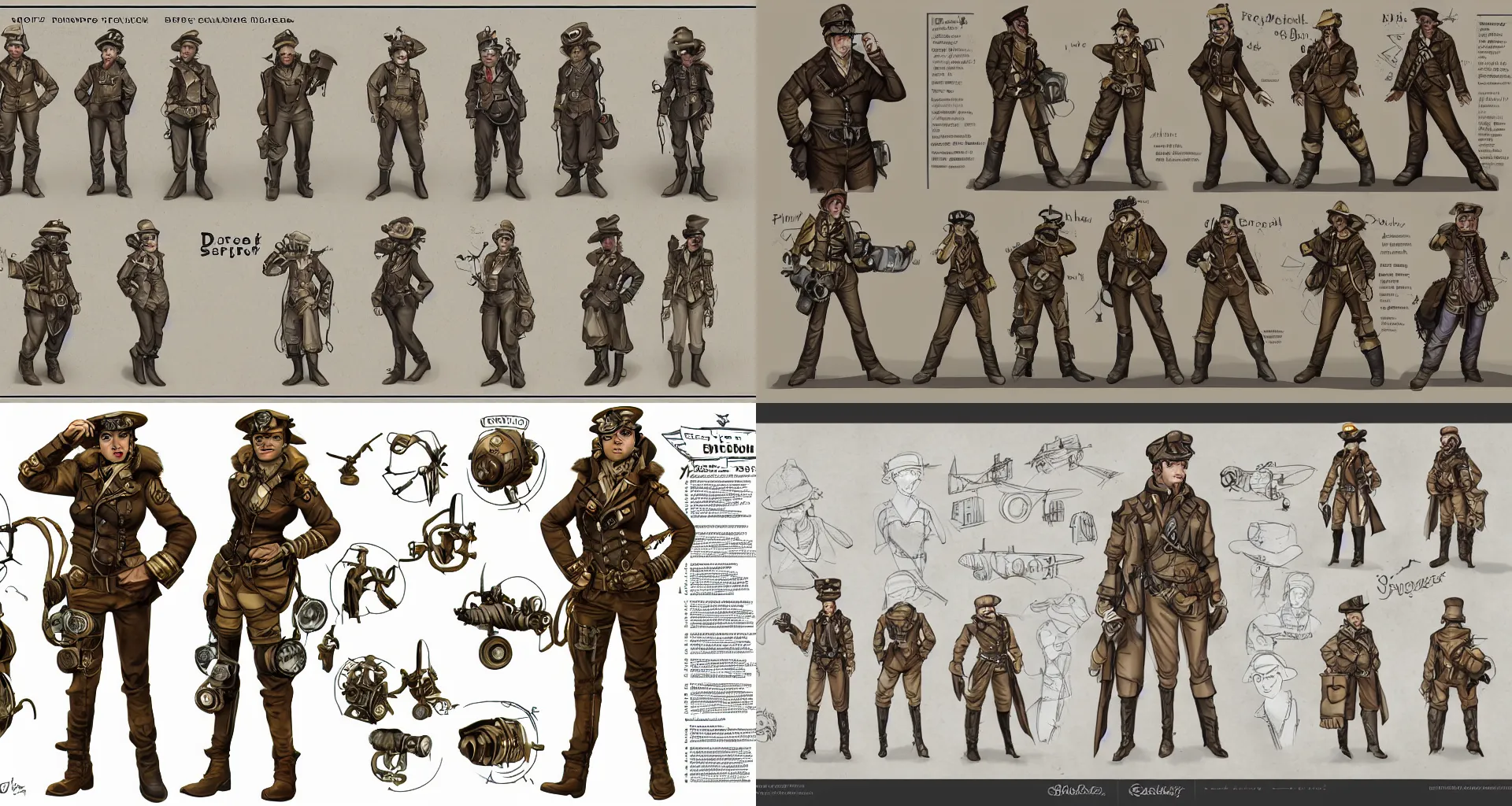 Prompt: concept art character sheet variants of a daring steampunk dieselpunk biplane pilot