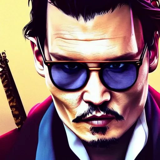 Image similar to Johnny Depp in GTA V Cover art by Steven Bliss, artstation, no text